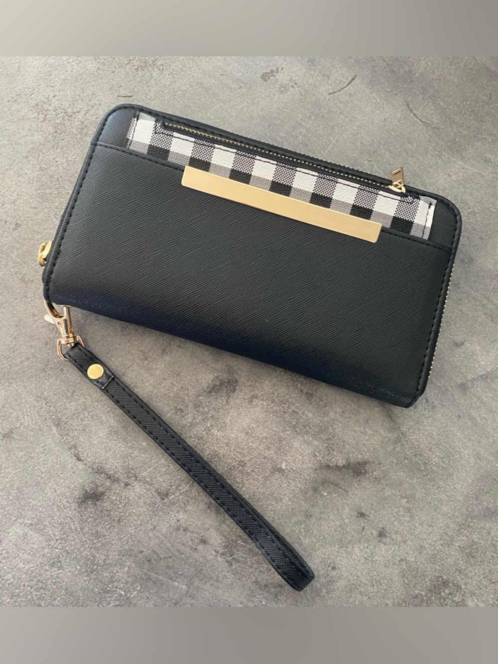 Black Wallet Wristlet with Plaid Accent